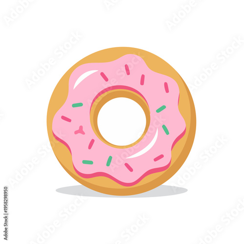 Sweet pink iced donut with colorful sprinkles and a hole in the center