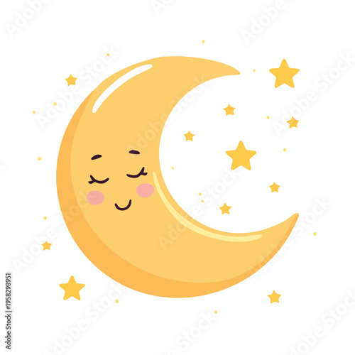 Cute cartoon crescent moon with closed eyes and rosy cheeks surrounded by little yellow stars