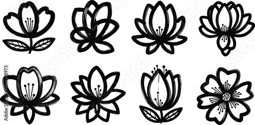 Hand drawn floral vector set with decorative flower icons, bold outline botanical elements and simple modern line art design collection