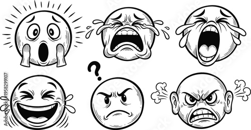 Hand drawn expressive emoji faces vector set with crying, laughing, shocked, confused and angry emotions in detailed sketch style illustration