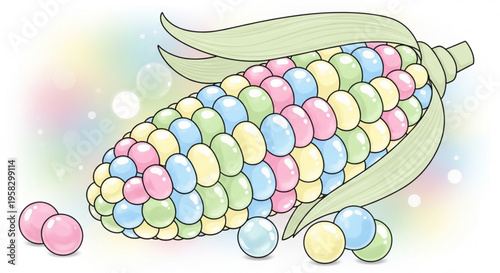 Colorful candy corn with pastel leaves on a whimsical background with bokeh lights