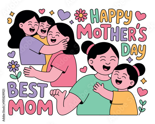 A colorful cartoon illustration of a happy family celebrating Mother's Day with hugs and flowers