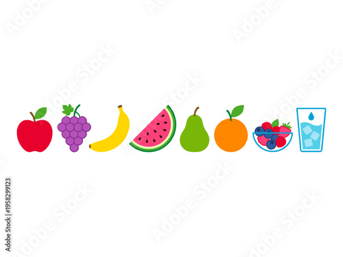 A vibrant assortment of various fruits and a glass of water, promoting a healthy lifestyle. This image displays a diverse collection of delicious fruits and a refreshing glass of water. 