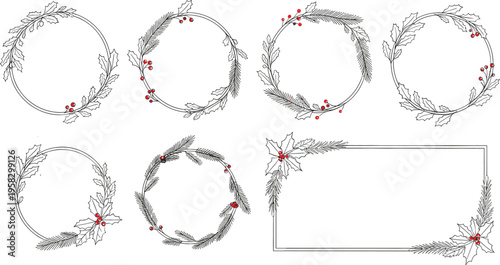 Minimalist Christmas wreath vector set with hand drawn pine branches, red berries, circular frames and elegant holiday border design elements