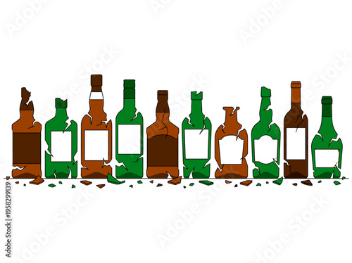 A variety of different bottles standing in a row, with damaged glass
