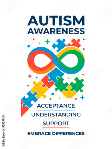 Colorful illustration of autism awareness, featuring a puzzle-piece infinity symbol, promoting acceptance and understanding. The image conveys the importance of support and embracing differences