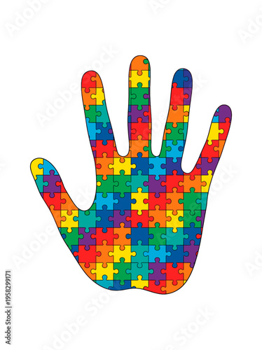 Colorful puzzle pieces forming a hand. This symbolizes awareness and support for autism