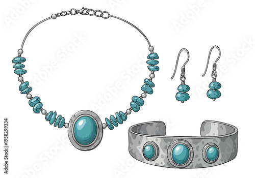 Elegant turquoise jewelry set featuring a necklace, bracelet, and earrings with silver settings for a sophisticated look