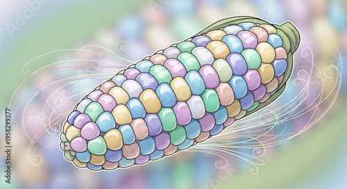 Vibrant colorful corn on the cob with pastel kernels and swirling motion lines on blurred background