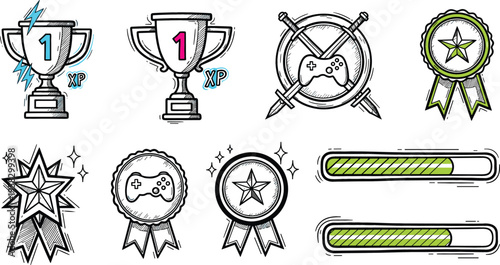Gaming achievement and reward vector icon set with trophies, badges, progress bars, controller symbols and level up elements for game UI design