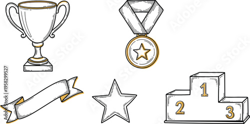 Hand drawn award and achievement vector set with trophy cup, medal, podium, star and ribbon banner for competition and winner concept design