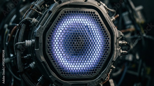 Macro photograph of a futuristic ion thruster grid glowing faintly with residual xenon plasma energy within an intricate metallic mesh.