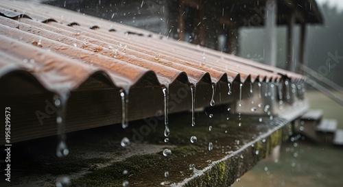Rustic Aesthetic Gentle Raindrops Falling on an Old Rusted Metal Roof