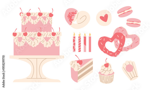 Cute Pink Dessert Set - Cake, Donuts, Macarons and Sweets Vector Illustration