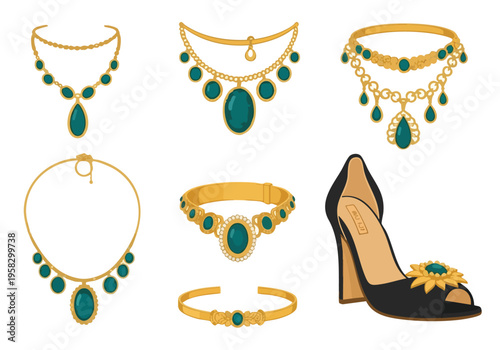 Collection of exquisite necklaces, bracelets, and a decorative black high-heeled shoe with gold accents and a teal embellishment