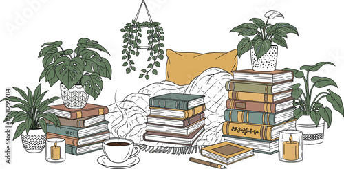 Cozy reading corner vector illustration with stacked books, houseplants, coffee cup, candles and blanket creating warm home interior relaxation scene