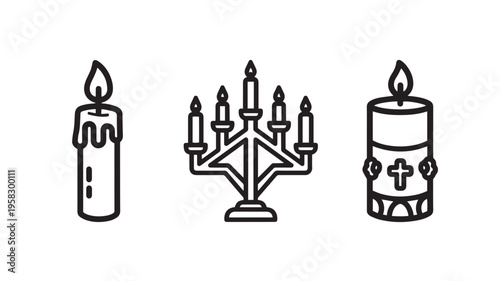 Black line art of candles and menorah on white background for religious and holiday concepts