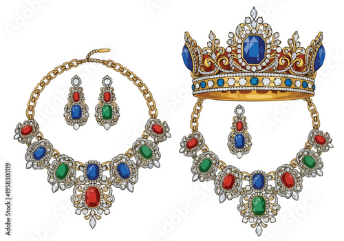 Exquisite royal jewelry set including crown, necklace, and earrings adorned with precious gemstones like rubies, emeralds, and sapphires