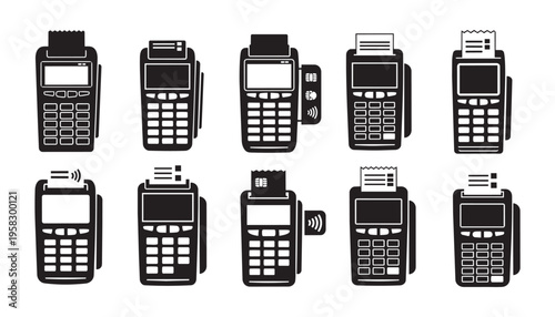 Payment terminal and credit card machine silhouette icons for electronic transactions illustration