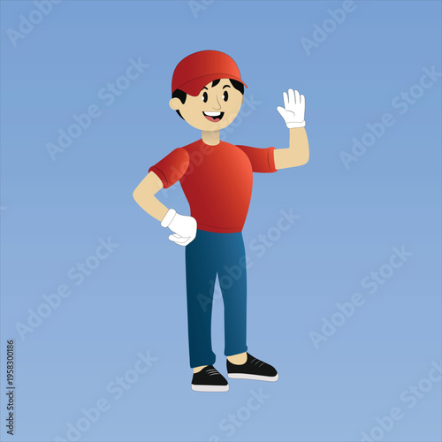 Delivery boy character wearing red uniform and white gloves waving hand against blue background vector