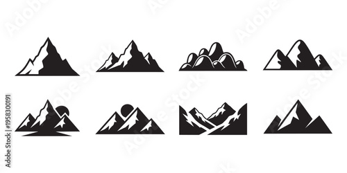Mountain range silhouettes and peak landscape icons for outdoor adventure and climbing illustration