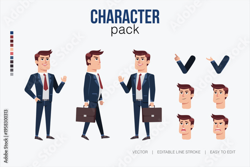 Character pack businessman with various poses expressions and accessories for animation or design