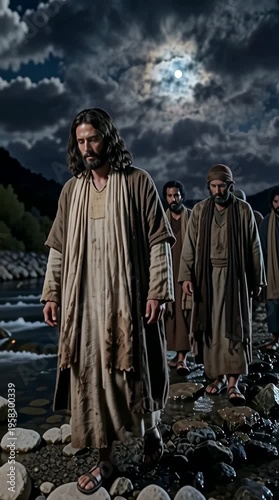 Vertical video of Jesus and disciples crossing a rocky streambed in the dark Kidron Valley at night.