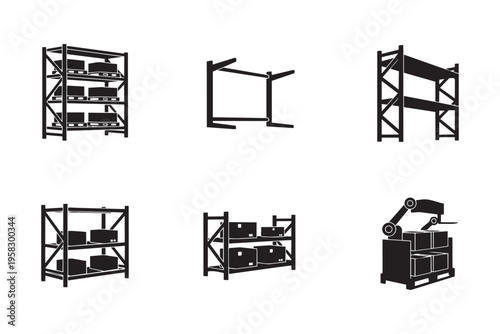 Warehouse storage rack shelves with boxes and robot arm industrial logistics vector illustration