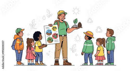 A friendly park ranger teaches children about nature and plants.