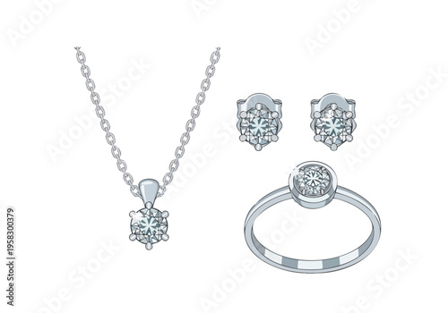 Elegant diamond jewelry set including a pendant necklace, ring, and stud earrings, showcasing brilliant cut gemstones in a refined silver setting