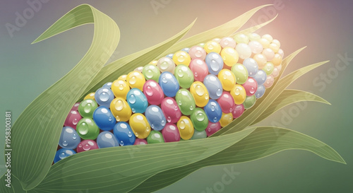 Vibrant colorful candy corn with multicolored jelly beans on a green leafy background with sunlight