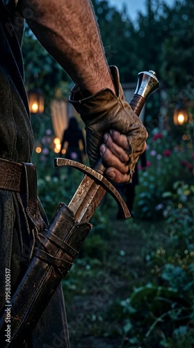 Vertical video of a rough hand rapidly drawing an iron sword from a leather scabbard in a dark garden.