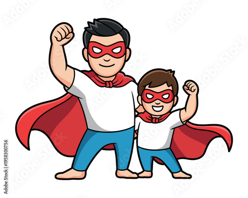 A cartoon illustration of a father and son dressed as superheroes with capes and masks.