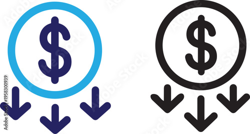 A black and white icon depicting a dollar sign within a circle with three downward pointing arrows indicating money loss or expenditure