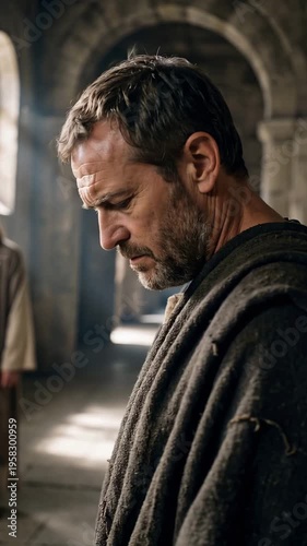 Vertical video of Pontius Pilate in a simple toga standing in a Roman hallway deep in thought.