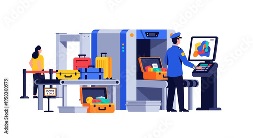 Airport Security Checkpoint with Luggage and Officer.