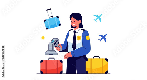 Airport security officer checking luggage with scanning equipment.