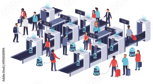 Airport Security Checkpoint with Travelers and Baggage Scanners.