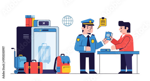 Airport security officer checking passenger passport at counter.