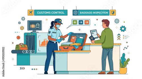 Airport security officer inspecting passenger luggage at customs control.
