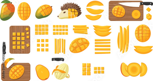 Mango cutting styles vector set with slices, cubes and decorative fruit shapes, fresh tropical preparation collection isolated on white background illustration