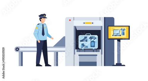 Airport security officer overseeing baggage scanner at checkpoint.