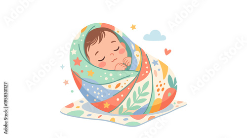 Adorable sleeping baby wrapped in a colorful blanket.