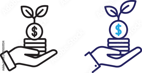 A hand holding a stack of coins with a plant growing from the top coin