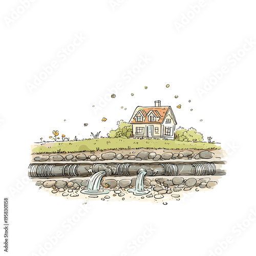 Cutaway Backyard Gravel Drainage System Illustration