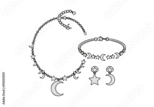 Celestial Jewelry Set Moon and Stars Necklace, Bracelet, and Earrings Collection