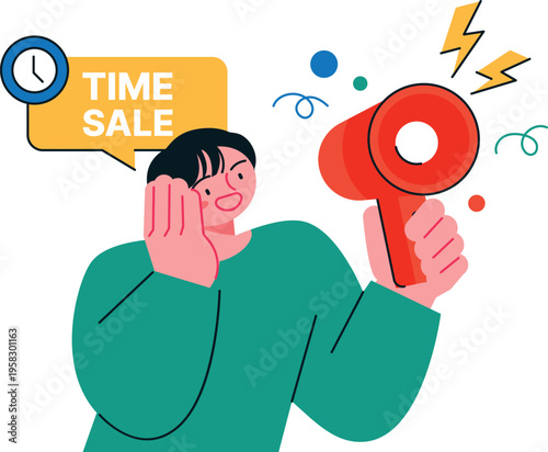 Person reacting enthusiastically to a time sale announcement with a megaphone.