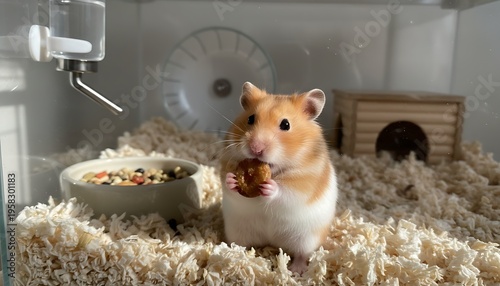 A cute hamster eating food from its bowl in a cage with a wheel and house