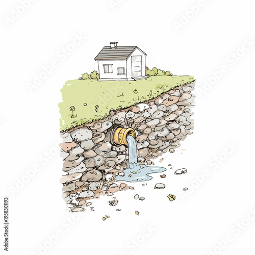 Cutaway Backyard Gravel Drainage System Illustration