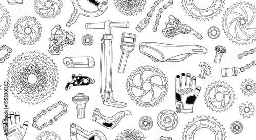 Seamless Vector Pattern of Hand Drawn Bicycle Parts Including Gears Chains Saddles Pumps and Gloves for Cycling Maintenance and Design